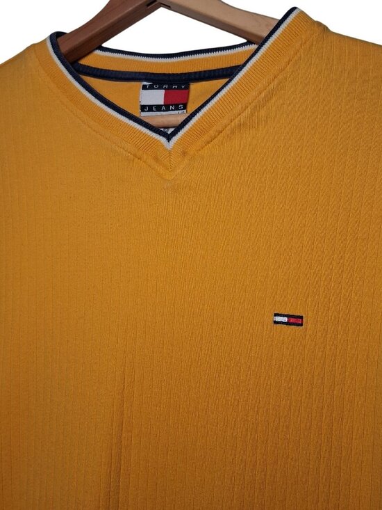 Tommy Hilfiger Other - Vintage 1990s Tommy Jeans Shirt Men Large Ribbed Knit Gold V Neck Long Slv